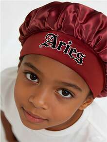 1pc Kids' Unique Constellation Cap: Burgundy Satin Hair Care Cap 12 Constellation Logo Practical & Eye-Catching Essential For Home - Burgundy - View 4