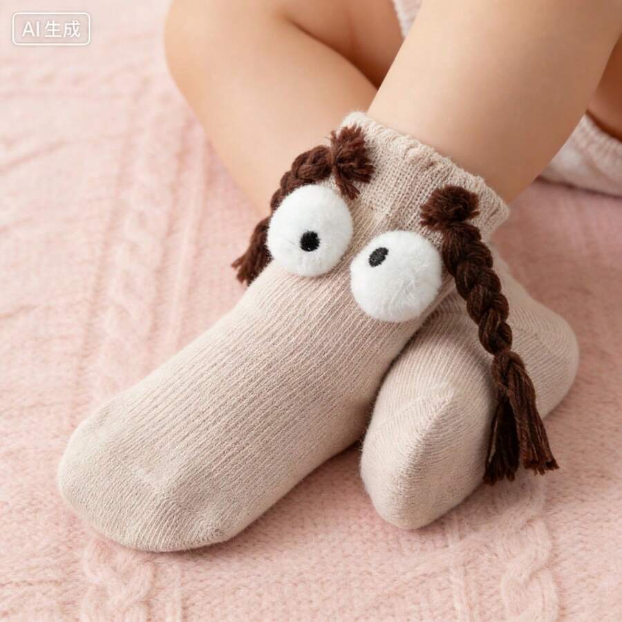 Socks Fashion Cartoon Socks Soft Breathable Toddler Socks With Braids - Khaki - View 1