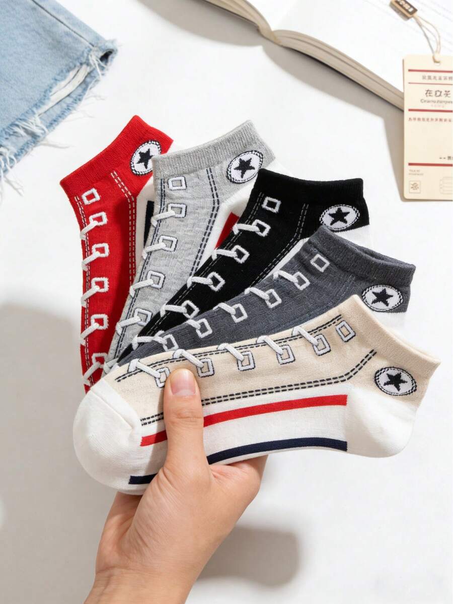 5 đôi tất cổ chân mỏng bằng vải canvas thoáng khí, kiểu dáng thường ngày, sáng tạo và ngộ nghĩnh, giao hàng ngẫu nhiên. - Nhiều màu - Xem 1