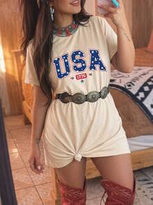 Women's Plus Size Summer USA 1776 T-Shirt Dress, Patriotic Star Graphic, Milk Fiber Casual Crew Neck Dress For 4th Of July & Western Outfits - 杏色 - 查看 1