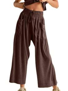 Women's Solid Color Two Piece Set 2026 Spring Summer Daily Loungewear Cropped Top High Waist Wide Leg Pants - 咖啡色 - 查看 5