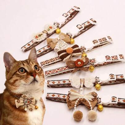 Brown Bow Tie Collar With Bell, Lace Bow, Safety Buckle, Adjustable Pet Dog Collar, Small Dog Accessories, Cat Accessories, Dog Accessories, European And American Creative Pendant, Best Friend And Teacher Birthday Gift