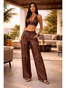 Women's Leather Cargo Set: Cropped Top, V-Neck Top, Wide Leg Premium Pants - 鏽棕色 - 查看 1