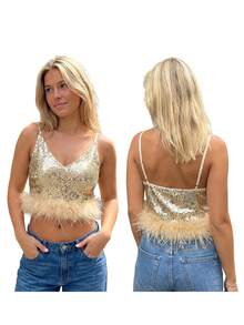 Camiseta sin mangas de lentejuelas para mujer, corte ajustado, con ribete de plumas, cuello en V, sin mangas, sin espalda, estilo urbano de verano. - Champán - Ver 5