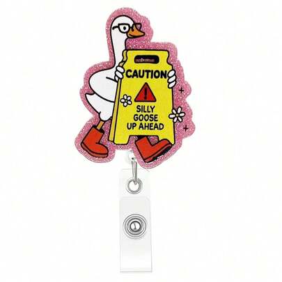 1pc Funny Glitter Silly Goose Badge Reel, Retractable Badge Holder Clip With Swivel Alligator Clip For Doctors Nurses Office Workers