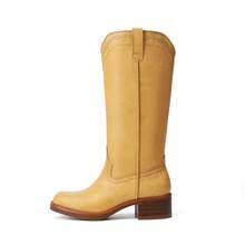 Women's Modern Knee High Boots With Vintage Western Stitching Comfortable And Versatile Tall Boots Low Heel Motorcycle Boots - 芥末黃 - 查看 6