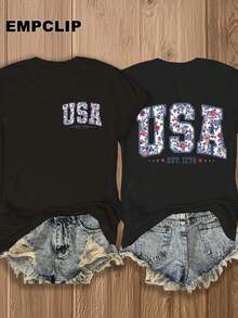Double-Sided Printed Women'S T-Shirt - Patriotic Floral & "USA" Design In Wine Red With Blue & White Flowers - Casual Summer Wear |   Perfect For July 4Th Celebrations & Everyday Outfits | Stylish Women'S Tee With Distressed Denim Set, Ladies T ShirtsLoose Fit Benito Bowl,Big Game, Football Fast Delivery Women'S Casual And Stylish Short-Sleeved Printed Shirt/T-Shirt, Breathable, Suitable For Outdoor Sports, Everyday Wear, Birthday Gifts, Christmas Gifts, Halloween Gifts, Or As A Commemorative Shirt For Friends Or Loved Ones. Also Suitable As A Pullover - 黑色 - 查看 12