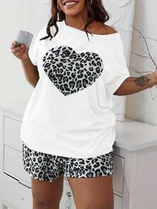 Conjunto de Pijama de Dos Piezas para Mujer Talla Grande con Estampado de Leopardo y Corazones - Camiseta de Manga Corta y Pantalones Cortos Suaves y Cómodos - Blanco - Ver 3