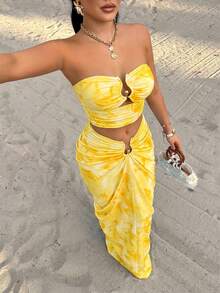 Sultry Sol Amarilo Women's Colorful Print & Solid 2-Piece Set - Strapless Fitted Metal Buckle Top And Ruched Waist Skirt, Vacation/Beach Casual, Spring/Summer - Yellow - View 3