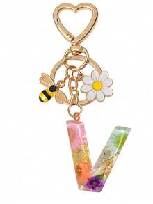 1pc Initial Letter Cute Bee & Flower Keychain, Heart Shaped Daisy Keyring Accessory, Decoration For Women Handbag Gift - Color - View 15