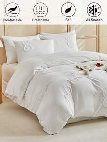 2/3pcs White Rabbit Pattern Tufted Embroidery Polyester Duvet Cover Set, Minimalist Cute Solid Color Bedding Set For All Seasons, Bedroom/Guest Room, Soft & Breathable, Machine Washable, Zipper Closure, Queen, King (1 Duvet Cover + 1/2 Pillow Sham, No Filler) - White - View 2