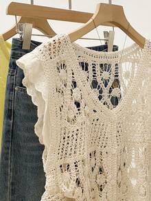 Áo khoác không tay ren móc khoét rỗng, cổ chữ V, viền ren, thích hợp cho mùa hè. - Màu be - Xem 3