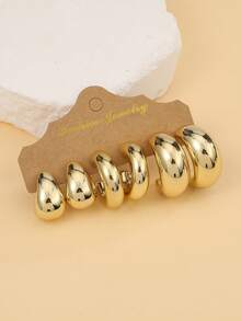 3pairs/9pairs Fashion Golden Plating Chunky Hoop Earrings Set For Women, Lightweight Plastic Material, Teardrop & Twist Design,Fashion Jewelry Gift - Gold - View 6