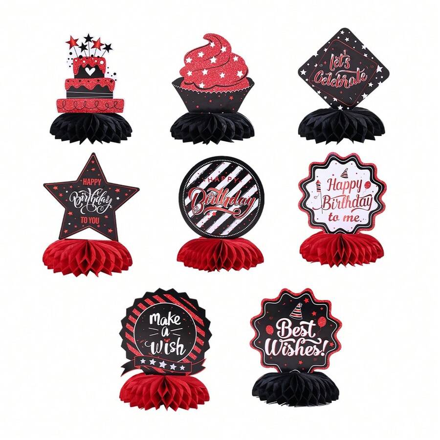 8 Stücke rote & schwarze Geburtstags-Party Wabenzentrum Dekorationen - mit glitzernden Geburtstagskuchen & Cupcake Designs mit "Alles Gute zum Geburtstag" Text, geeignet für 16-60 Jahre alte Erwachsenen Geburtstags-Party und Feier, rote & schwarze Tisch-Mittelstück - Mehrfarbig - Übersicht 1