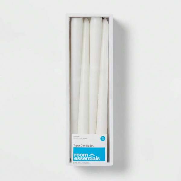 12pk Unscented Taper Candles White - Room Essentials™: Paraffin Wax, Non-Cored Wick, Indoor Use, 6-Hour Burn