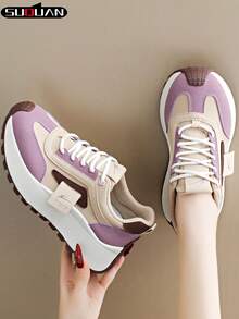 New Women's Contrast Color Thick Sole Casual Shoes, Soft & Shock-Absorbing, Breathable & Skin-Friendly, Height Increasing, Versatile For Commuting, Outing, Dating, Shopping, Daily Wear, Fashionable Shoes For Young Girls, Popular Student Casual Shoes, Non-Slip , Easy To Maintain - Purple - View 2
