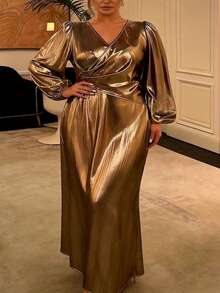 Plus Size Women's Sexy & Elegant Lantern Sleeve High Waist Fitted Dress, Suitable For Summer Date Night At High-End Restaurants, Luxury Evening Galas, Gatherings With Friends; Spring Wedding Guest Attire, Formal Evening Events, High-End Afternoon Tea - Gold - View 1