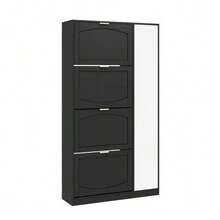 Modern Shoe Cabinet With Mirror, 4 Fold-Down Storage Compartments, Adjustable Shelf Behind The Right Mirror, Ideal For The Hallway, Black, Dimensions: W80/H147/D24 Cm - View 8