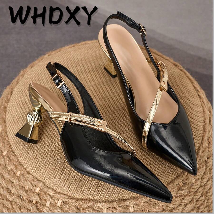 WHDXY Sandal Hak Tinggi Hitam Elegan, Hak Berbentuk Unik untuk Wanita, Sepatu Pumps Tanpa Penutup Belakang dengan Tali Logam dan Ujung Lancip, Cocok untuk Acara Formal, Kantor, dan Perjalanan Sehari-hari - Hitam - View 1