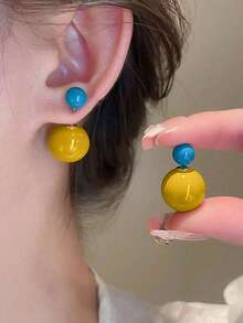 1 Đôi Khuyên Tai Nữ Hình Cầu Hai Mặt Phong Cách Pop Art Y2K Màu Xanh Và Vàng - Nhiều màu - Xem 1