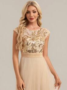 EVERPRETTY 奢华亮片花卉优雅迷人船领撞色亮片紧身胸衣和褶裥裙摆女士中长款正式礼服金色礼服舞会长裙适合婚礼派对和婚礼宾客 - 金色 - 查看 8