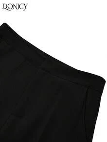 DONICY Quần nữ mùa xuân/hè mới về, màu đen trơn, cạp cao, ống rộng, dáng suông, có túi, kiểu dáng thời trang retro thanh lịch tối giản, đa năng, phù hợp cho mặc hàng ngày, công sở, đi làm, hẹn hò, mua sắm, triển lãm và các dịp khác. - màu đen - Xem 5