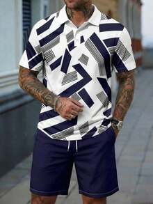 Men's Geometric All-Over Print Short Sleeve Polo Shirt And Drawstring Waist Shorts Set, Summer - Multicolor - View 1