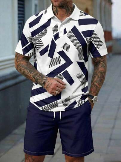 Men's Geometric All-Over Print Short Sleeve Polo Shirt And Drawstring Waist Shorts Set, Summer