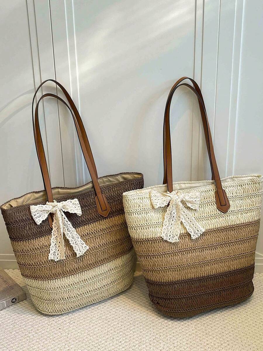Gradient Striped Straw Tote Bag, Bow Tie Shoulder Bag, Large Capacity Woven Casual Bag, Retro PU Leather Strap, Fits , Casual Beach Vacation Bag, French Slouchy, Large Zipper Tote Bag, Commute & Travel Dual-Use Bag, Essential For Summer Beach Vacation