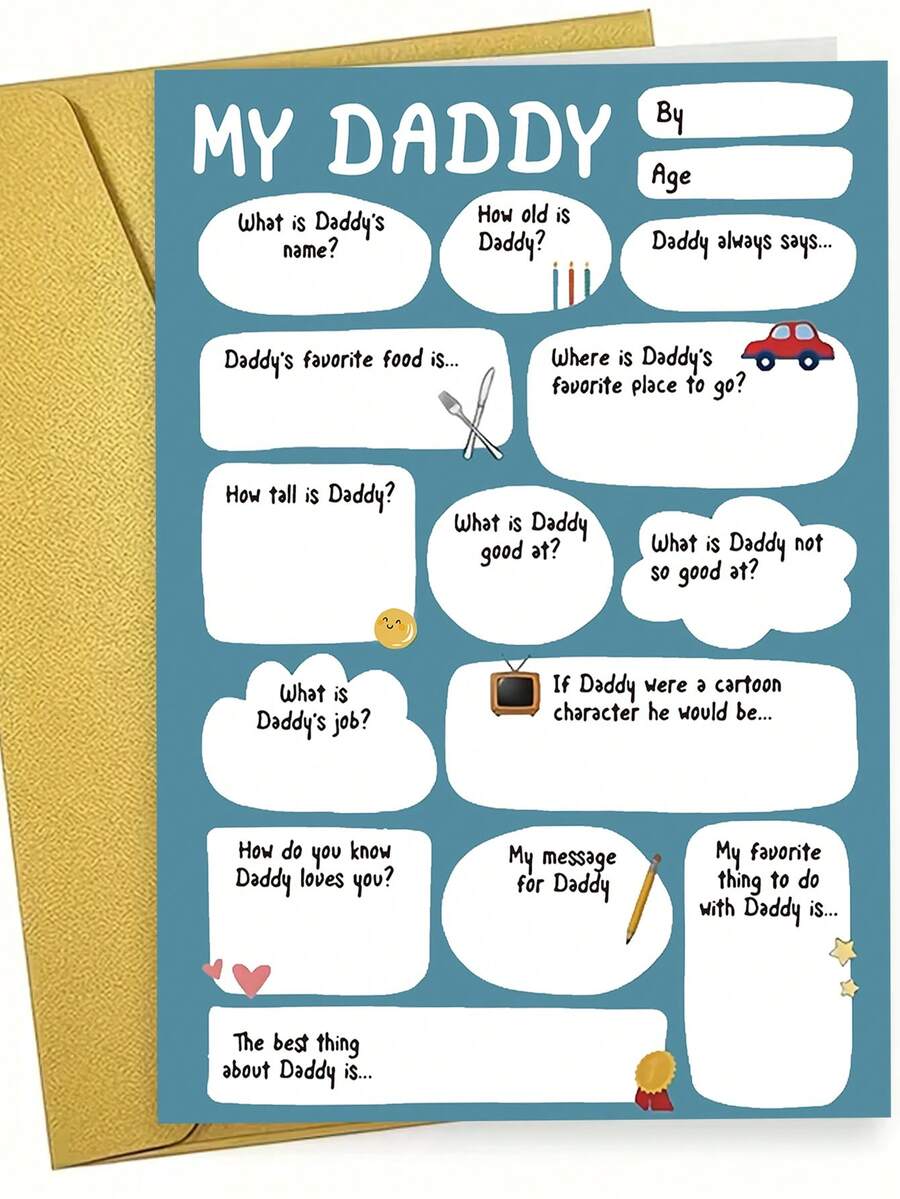 1pc, Fill-In-The-Blank "My Daddy" Questionnaire Card. Includes Envelope, Premium Matte Paper. Playful Hand-Drawn Design (Candles, Car, ). Perfect For Father's Day/Birthday-The Ideal Interactive Keepsake Card For Dads (12cm/4.7in X 17cm/6.7in) - Brown Envelope - View 1