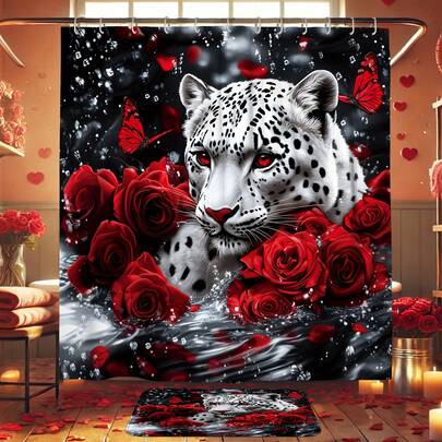 1/4件套情人节快乐装饰浴帘套装，玫瑰花卉豹纹动物浪漫可爱热带红灰色浴帘和地垫，可水洗，适用于浴室淋浴家居装饰，配有12个挂钩、防滑浴垫和U型马桶盖垫。