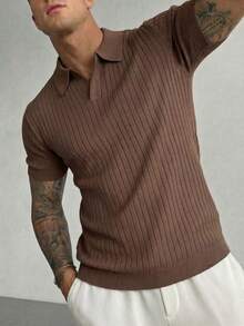 Men's Ribbed Airplane Collar Polo Knit Shirt, Short Sleeve, Summer Fashion - Brown - View 4