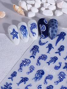 2片装3D立体浮雕海洋蓝美甲贴纸，自粘海洋生物美甲贴花，包含鲸鱼、水母、海星等图案，夏季海滩风美甲配件，适合女性DIY - 藍色 - 查看 7