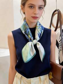 1条鸢尾花印花仿丝缎方巾，法式艺术风格，70厘米方形领巾，优雅复古，适合日常佩戴，春秋季节适用。 - 彩色 - 查看 7