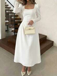 Vuslat 女士春季方领修身优雅复活节白色连衣裙，文艺复兴风格连衣裙，白色毕业礼服，派对及正式场合礼服，婚礼宾客礼服，伴娘礼服，白色连衣裙 - 白色 - 查看 1