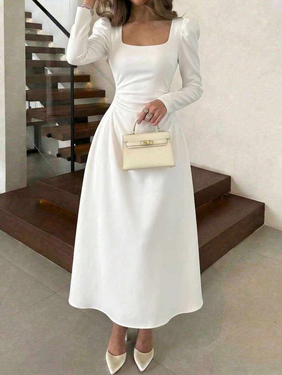 Vuslat 女士春季方领修身优雅复活节白色连衣裙，文艺复兴风格连衣裙，白色毕业礼服，派对及正式场合礼服，婚礼宾客礼服，伴娘礼服，白色连衣裙 - 白色 - 查看 1