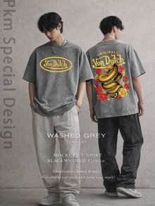 Men Gray Washed Casual Streetwear Brand 100 Percent Cotton T Shirt Dragon And Flowers Print With Vons Dutchs Text For Everyday Wear Outdoors | Front And Back Print | Vintage Heavyweight Tee | Perfect Gift | Loose Comfortable Breathable | Machine Washable Fabric | Hip Hop Cool Style | Drippy Clothes | Y2K - 灰色 - 查看 3