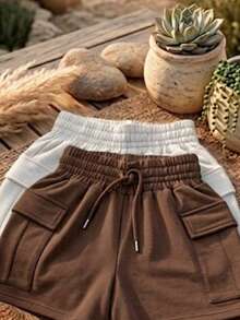 Kit Of 2 Women's Cargo Shorts, Lightweight Fleece, Loose Fit, Comfortable Cotton Fabric, Cargo Style, Perfect For Tea Parties And Summer. - 咖啡棕 - 查看 2