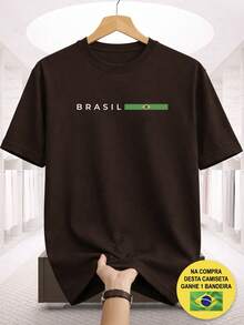 T-Shirt With Brazil Print, 100% Cotton, Casual, Comfortable, Supporting The Brazilian National Team, World Cup Hexa + Free Brazilian Flag - 鏽棕色 - 查看 1