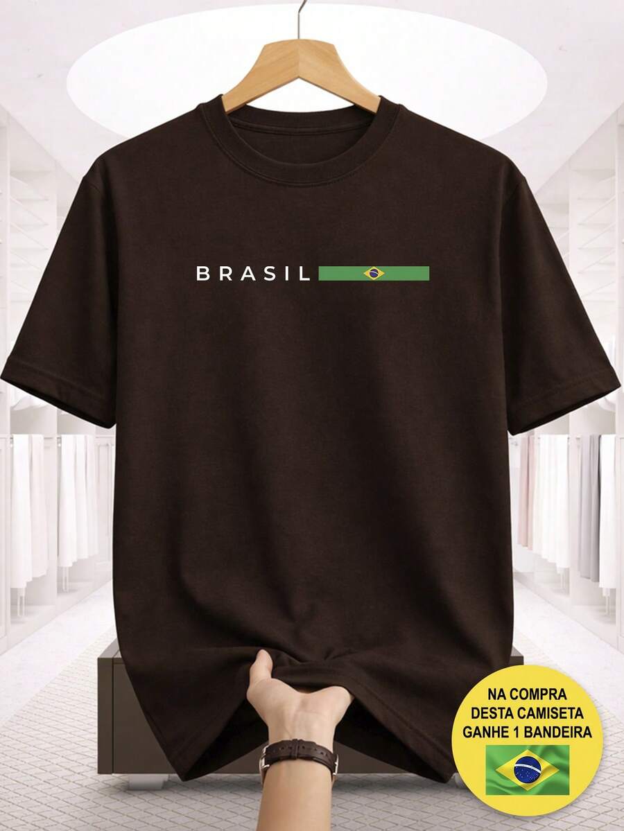 T-Shirt With Brazil Print, 100% Cotton, Casual, Comfortable, Supporting The Brazilian National Team, World Cup Hexa + Free Brazilian Flag - 鏽棕色 - 查看 1