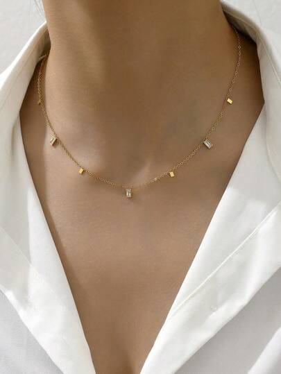 1件装时尚不锈钢锆石块项链，女士通勤精致气质配饰，轻盈奢华小众设计，锁骨链