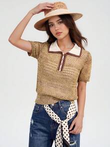 Women's Casual Contrast Color Design Lapel Short Sleeve Top, Summer - Khaki - View 5