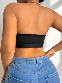 1pc Solid Color Casual-Comfortable Minimalist Knit Fabric Front Button Wireless Plus Size Bralette For Women, All Season - Black - View 2