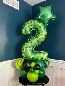19pcs 40-Inch Green Plaid 0-9 Number Balloons, 18-Inch Pentagram Balloons, 5-Inch & 10-Inch Black, Olive Green, Milky Green Latex Balloons, Suitable For Theme Parties, Birthday Party Decorations - Multicolor - View 1