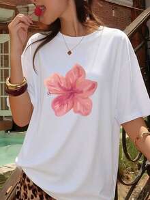Women's Summer New Floral Print Round-Neck Short-Sleeve T-Shirt, Casual Loose Versatile Top, Fashionable Daily Wear White - White - View 6