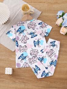 Disney Bộ đồ ngủ mùa hè cho bé gái in hình Stitch và trái tim thiên thần dễ thương, tay ngắn, quần dài chất liệu mềm mại, cạp chun. - trắng - Xem 3