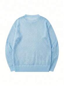 Breathable Perforated Sweater, Loose Casual Unisex Korean Style Round Neck Knitted Pullover, Unique Design Long Sleeve Dropped Shoulder Sweater, Suitable For Spring, Summer And Autumn - Baby Blue - View 3
