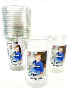 Customized Photo & Text Party Stickers, High-Quality Self-Adhesive Material, Personalized Plastic Cups With Vintage Year Photo Sticker Labels. Perfect For Party Events And Birthday Decoration Uses. - Multicolor - View 12