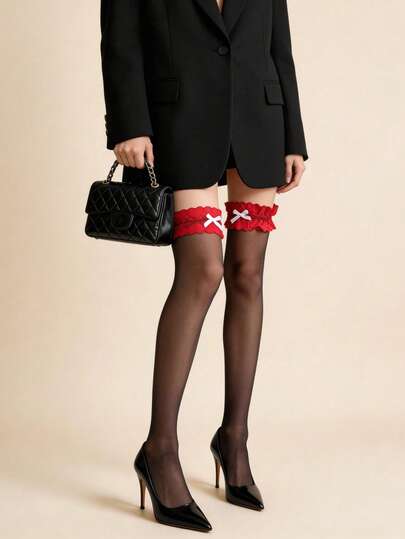 1 Pc Black Sheer Thigh High Socks With Red Ruffle Trim & White Bowknot Decor, High Elasticity Soft Breathable, Sexy Sultry Sweet Girly Style, Versatile Match For Party Night Out Club Wear Date Night Daily Casual Street Style Festival Outfits