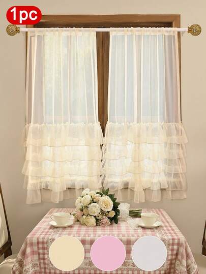 1 pieza Cortina de encaje estilo país francés, cortina elegante de múltiples capas que filtra la luz, fresca y suave, cortina de gasa semitransparente con bolsillo para barra, de tela de poliéster, adecuada para sala de estar y dormitorio, decoración del hogar natural